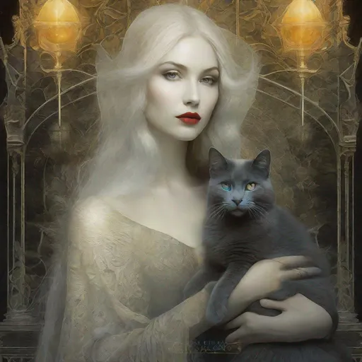 Prompt: A beautifull gothic witch and her fluffy bicolor magical cat art style by Masaaki Sasamoto, Mario Sorrenti, David Spriggs,  Christian Schloe, endre penovac, catrin welz Stein, Mondrian, James jean. High quality, highly detailed, intricate details.dynamic lighting award winning fantastic view ultra detailed high definition hdr focused glow shimmer