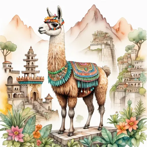 Prompt: A friendly llama with an antique Inca city and gardens on its back. Animal architecture hybrid. Surreal fantastical combination. Highly detailed. Pencil lines, watercolor. Stunning masterpiece trending on artstation. Neutral background.