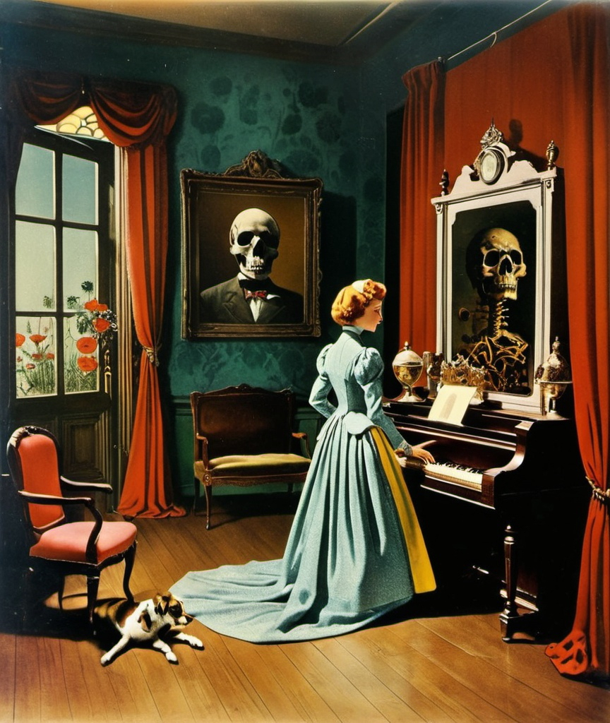 Prompt: vintage full color relic photograph surrealistic nightmare terror kitsch, Cecil Aldin, Michael Cheval