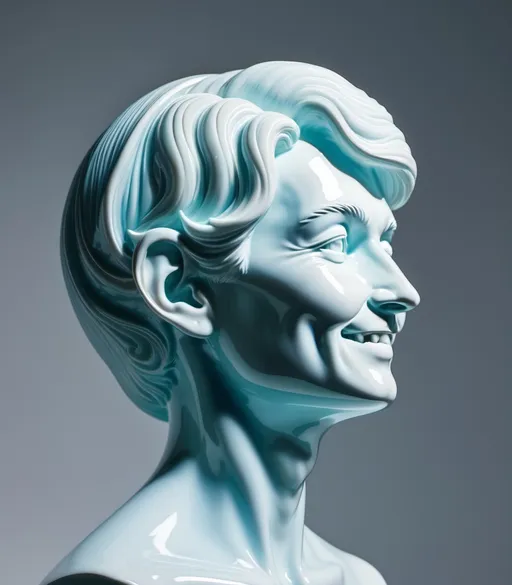 Prompt: Chalcedony Surrealism, Pop Art, Hyperrealism, Sci-fi Motifs, Intense Interplay of Light and Shadows, Striated Textures, happy smiling profile on a white background 