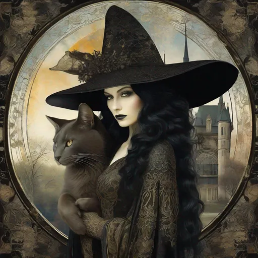 Prompt: A beautifull gothic witch and her fluffy bicolor magical cat art style by Masaaki Sasamoto, Philip Treacy, Mario Sorrenti,  Christian Schloe, endre penovac, catrin welz Stein, Mondrian, James jean. High quality, highly detailed, intricate details.dynamic lighting award winning fantastic view ultra detailed high definition hdr focused glow shimmer