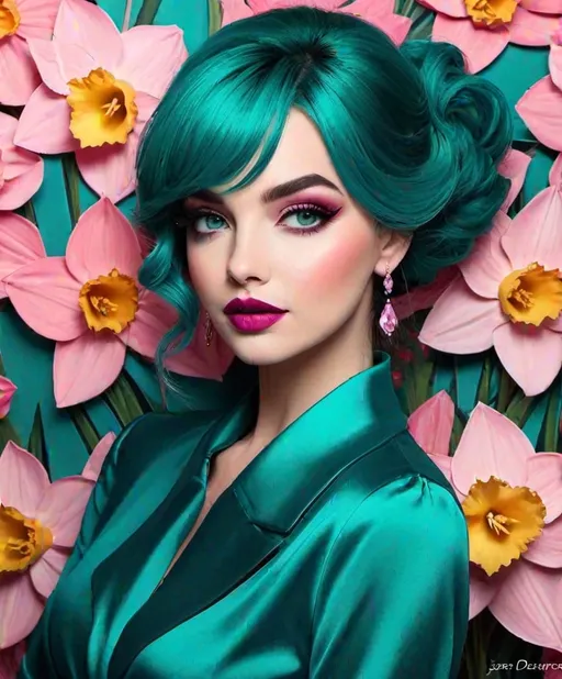 Prompt: Darling dazzling Diane, a deep dark daydreamer  dame,  in delirious destiny daffodil dragon, dull turquoise, dusty rose, Deep teal, style by Jessica Durrant, Judith Desrosiers, Sophie Delaporte