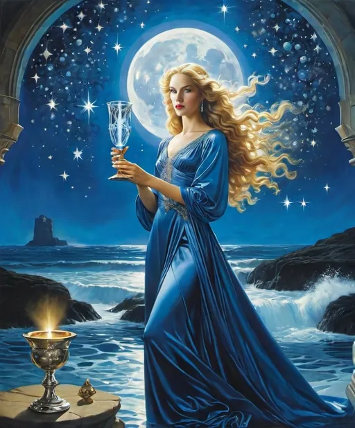 Prompt: style by Mark Shaw, Sulamith Wulfing, Sophie Delaporte, David Salle; Summon Serena, a sapphire-eyed siren, standing serenely beneath a star-strewn sky, surrounded by shimmering sapphire streams, sporting a satin gown, and sipping from a silver chalice