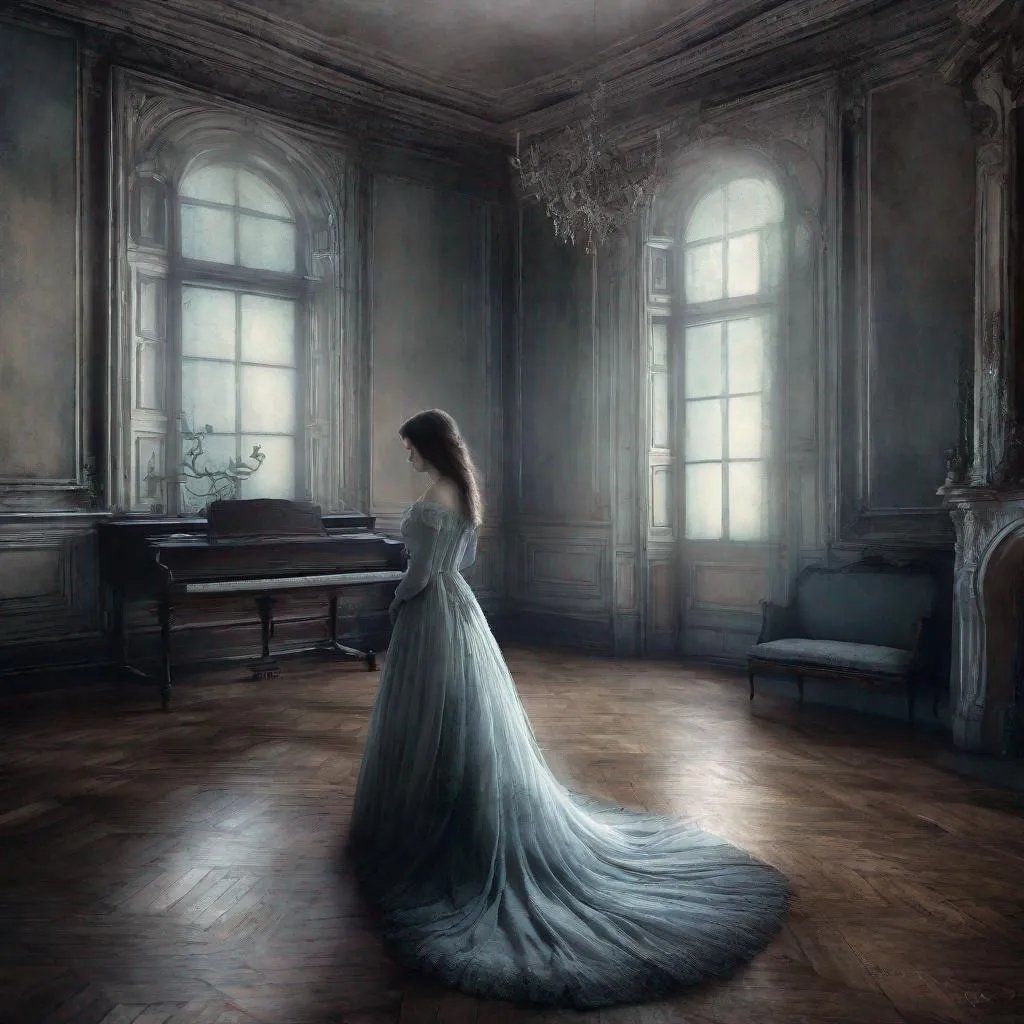 Prompt: Single image: A very beautiful dreamy ghostly young lady remains alone and eternally sad in her haunted Victorian Old mansion waiting for her long lost love to return art by Daria Endresen, John Reuss, Lin Fengmian, Robert Ryman, Elger Esser, Rimel Neffati. 3d, watercolors and ink, beautiful, fantastic view, extremely detailed, intricate, best quality, highest definition