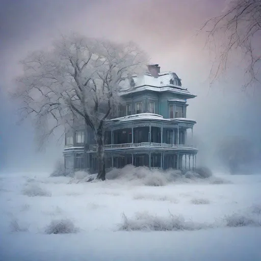 Prompt: Winter landscape, snow blizzard, an isolated haunted mansion, trees covered with snow, a sense of peace, tranquility and a hauntedly beauty, Twilight rays, eerie mood, In style of Akos Major, Carsten Meyerdierks, Lee Madgwick. 
elegant intricate beautiful award winning fantastic view ultra detailed, high definition 