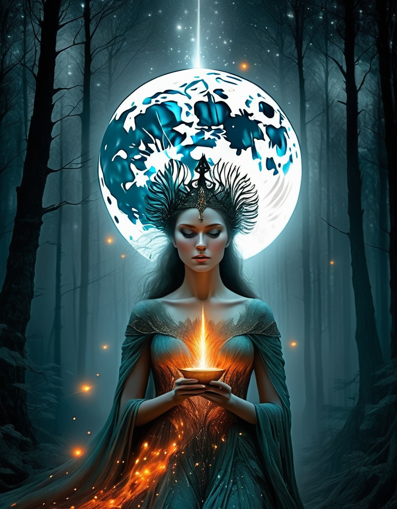 Prompt: Beautiful fire moonlight forest goddess , style by Beth Conklin, Aleksi Briclot, tom bashaw and catrin welz-stein, surreal dream. Extremely detailed, intricate, beautiful, high definition 