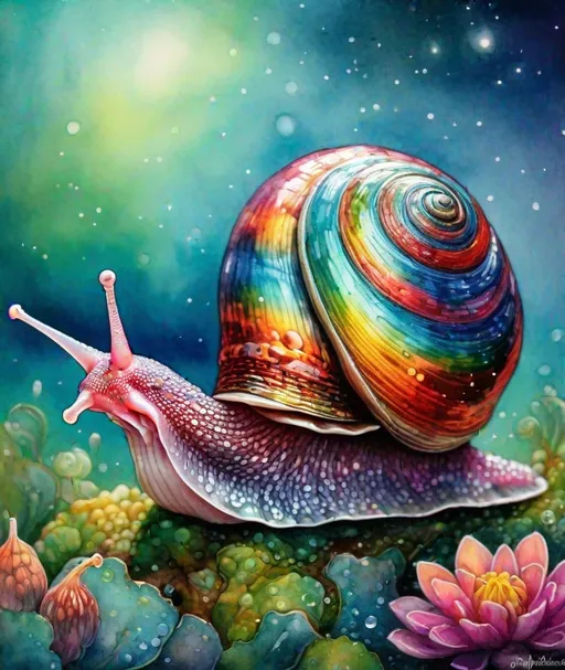 Prompt: A beautiful iridescent snail queen, she is beautiful dazzling, glistening rainbow, iridescent shells, beautiful face, shimmering, caia Koopman, Hiro isono, Van Gogh, endre penovac, catrin welz-stein, Jean Baptiste monge, Gerhard Richter, sascalia, Amy sol. Watercolor impasto, Highly detailed, intricate, crossed colors, beautiful, high definition, fantastic view. 3d, iridescent Watercolors and Ink, intricate details, volumetric lighting 