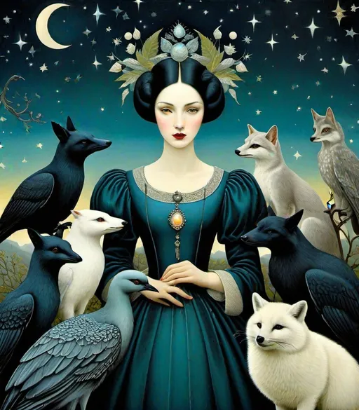 Prompt: She is a night woman surrounded by night animals style of Aline Smithson, Ruth Sanderson, Christian Schloe, Genevieve Godbout, Morris Hirshfield, Robert Gillmor, Amy Giacomelli. Soft pearlercent colors, Extremely detailed, intricate, beautiful, 3d, high definition