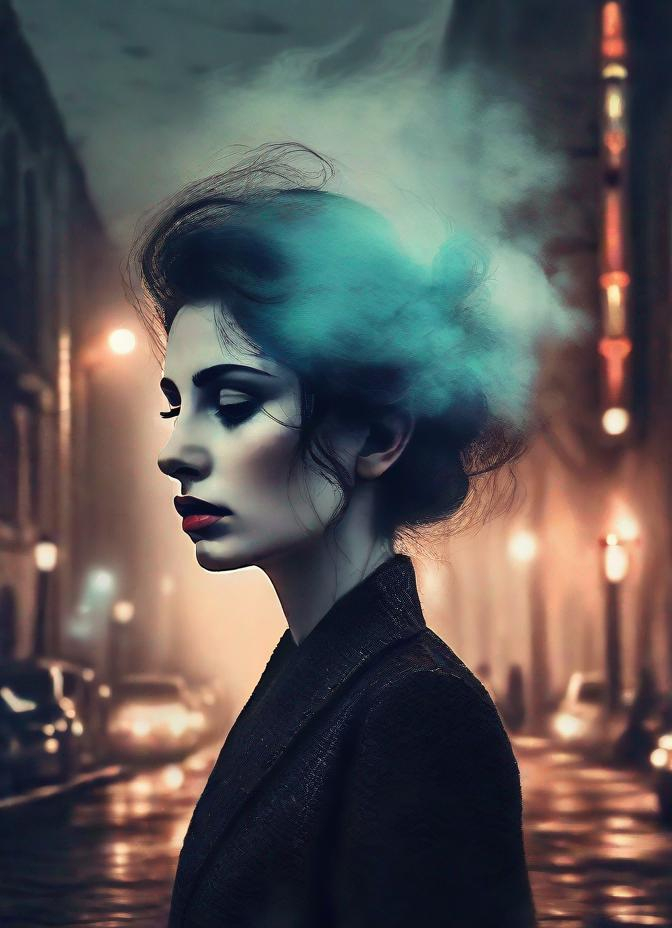 Prompt: The pretty dreamy heartbroken woman with beautiful face, art by Reylia Slaby, Rimel Neffati, Cristobal Balenciaga, Monia Merlo, Nelleke Pieters, Elger Esser. Night Foggy Empty street background, rim lighting reflection, 3d, watercolors and ink, beautiful, fantastic view, extremely detailed, intricate, best quality, highest definition