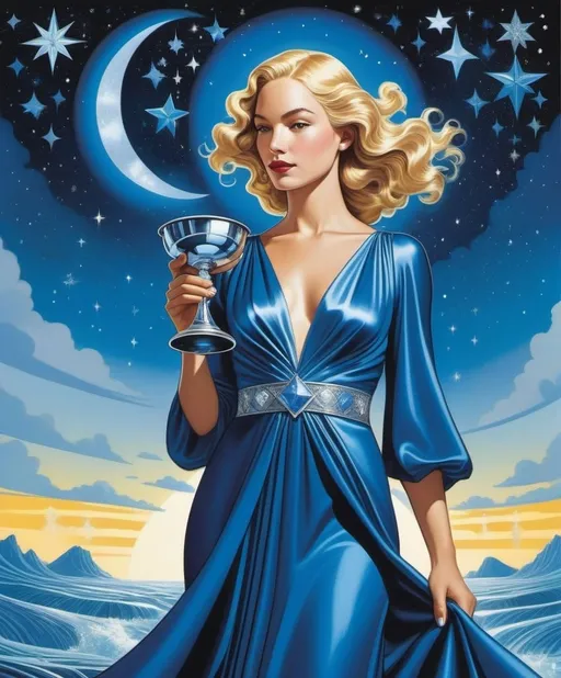 Prompt: style by Rebecca Sugar, Amanda Sage, Joost Swarte, David Salle; Summon Serena, a sapphire-eyed siren, standing serenely beneath a star-strewn sky, surrounded by shimmering sapphire streams, sporting a satin gown, and sipping from a silver chalice