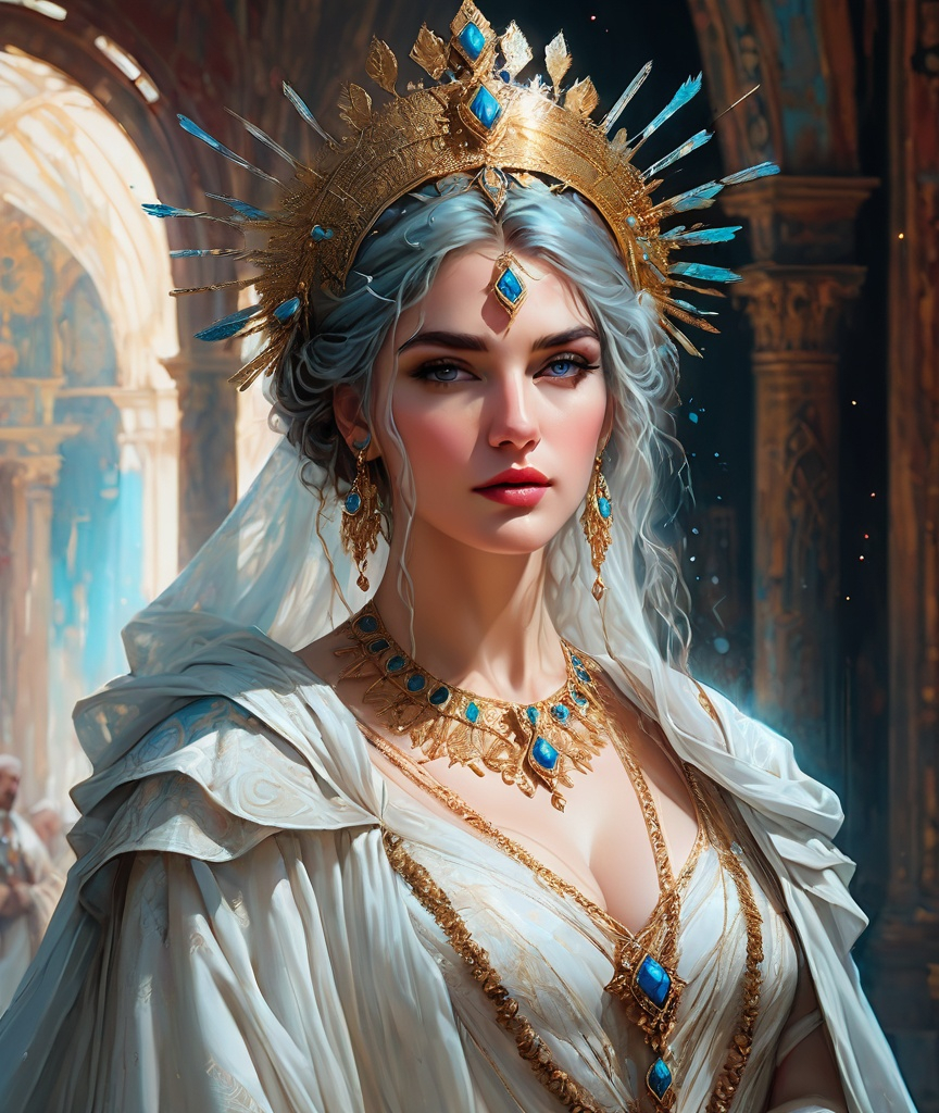 Prompt: photo-realistic, hyper-realistic, in the style of Marc Simonetti, Carne Griffiths, Conrad Roset, the young and stunningly beautiful byzantine greek irene angelina, queen consort of germany, time travels from the 12th century to take center stage in a vaudeville production, wearing her beautiful robes and jewels, 8k 