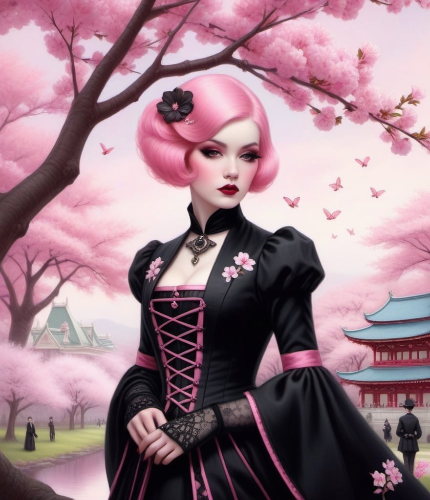Prompt: modern gothpunk pink girl in cherry blossom sakura viewing spring:: victorian goth fashion for pixie-faeiries, Cameo, tom Bagshaw, Daarken, Jessie M. King, Peter Driben
