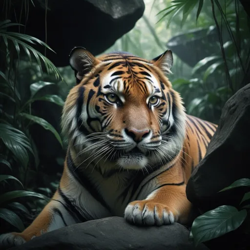 Prompt: photonegative refractograph rock song "welcome to the jungle", cinematic photography, ultra real main character : tiger