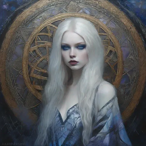 Prompt: A very beautiful albino girl witch, Violet eyes, heavy blue eyeliner, long hair, black and silver ethereal clothes art by  William Oxer, Nickolas Muray, Aliza Razell, Charles Robinson, esao Andrews. Ethereal background, Mixed media, 3d, extremely detailed, intricate, high definition, crisp quality 