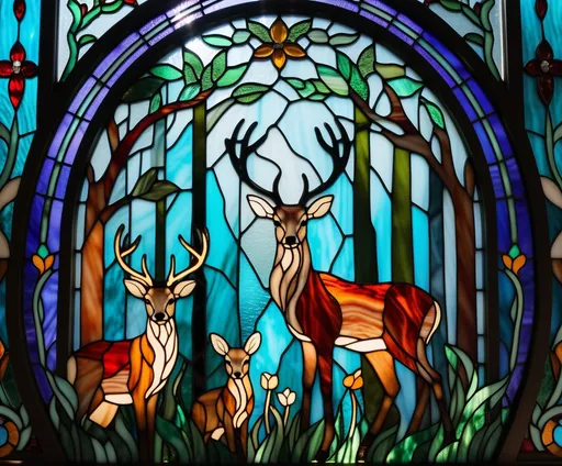 Prompt: A beautiful whimsical Forest animals in Chalcedony Stained Glass 3d Portraiture 