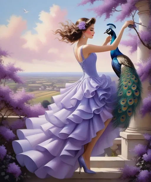 Prompt: Style of Daria Petrilli, George Petty, Paul Kenton, Pierre-Jacques Pelletier; Perched upon a petite pedestal, Patricia, a precious girl with platinum curls peers into a picturesque portrait painted in chrome  vivid hues. Purple petals pirouette in the breeze, punctuating the landscape with a playful charm. A prancing peacock, plumage resplendent in shades of periwinkle and plum, prances beside her, a paragon of grace. Puffs of peach-colored clouds pirouette overhead, casting a peaceful glow upon the whimsical scene.