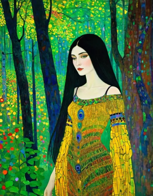 Prompt: The beautiful young lady, She comes in colors everywhere She combs her hair She's like a rainbow Coming, colors in the air Oh, everywhere She comes in colors, Gustav Klimt *Carboniferous Forest* 