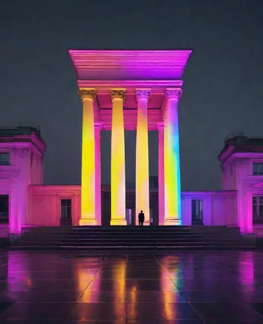 Prompt: neon bifrost of Georgian Architecture, by akos major, minimal figures in neon coats