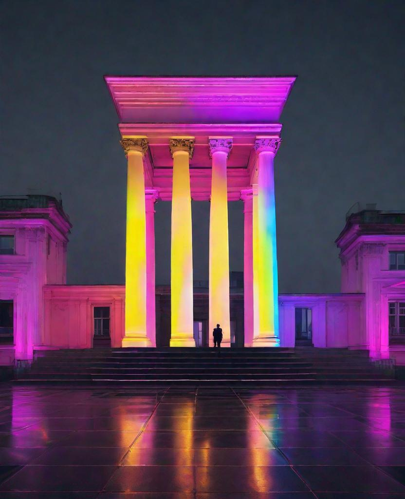 Prompt: neon bifrost of Georgian Architecture, by akos major, minimal figures in neon coats