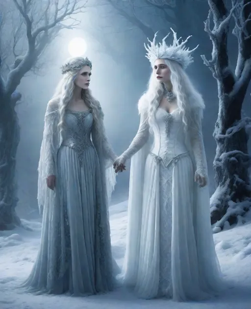 Prompt: great expectations from the cold hearted frigid bifrost goddess Estella guarded by miss Havisham the old snow witch 