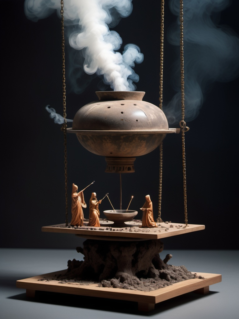 Prompt: scene within a brutalist, liminal space, the focus is intensely on the action of swinging the incense burner. Two priestesses in the foreground are dynamically swinging a large, steaming incense burner, emphasizing the movement and the chain by which it's held. Their flowing robes and the chain's motion convey a sense of vigorous activity. The background priestesses contribute to the scene, but the main emphasis is on the swinging motion of the incense burner, creating a powerful, dynamic atmosphere. The smoke billows out more prominently, emphasizing the action. Soft lighting enhances the drama and movement of the scene.brutalist liminal space on a postage stamp, glitchy circuit board, data bashing, focus stacking, rococo macrophotography