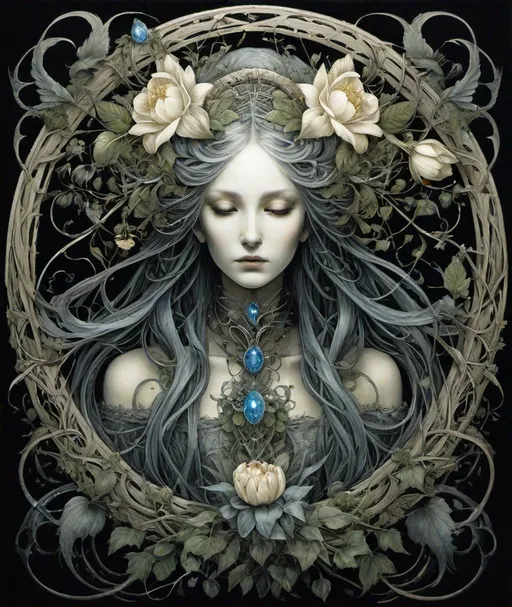 Prompt: flowers, floral, beautiful ephemeral phantom, bioffice horus ouroboros, creepy skeletal vining and twining, in the style of leonard baskin cave birds drawings, botanicalbentology, brian froud, lovecraftian and alphonse mucha, Kirsty Mitchell 