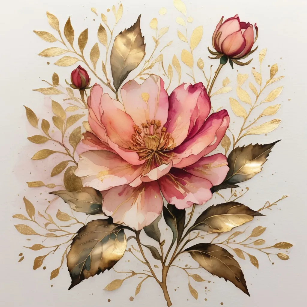 Prompt: a floral water color, ink, gold leaf, soft, laser etched 