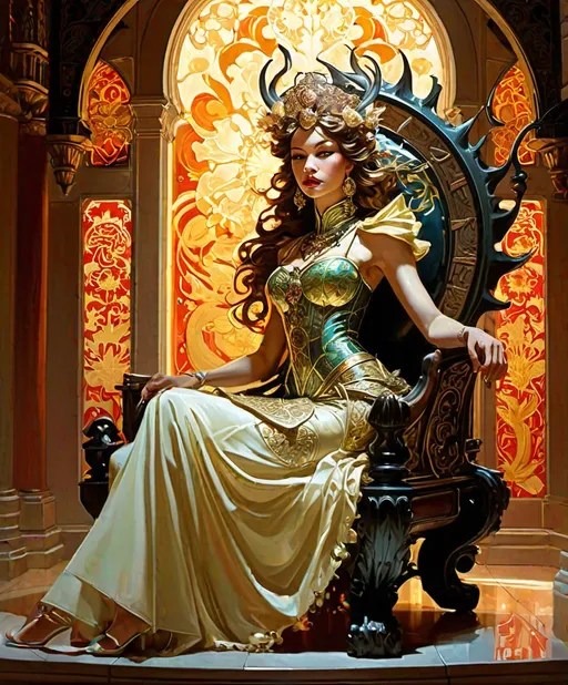 Prompt: photonegative refractograph dynamic manga oil painting poster by Joseph Christian Leyendecker & James Jean & Anders Zorn & Jeremy Mann & Alphonse Mucha & Shepard Fairey, young queen dragon goddess with skirt and heels with treasure spirits all around, treasure stone throne, refraction in a dynamic pose, happycore, flowerpunk, tattoo core, intricate details, dynamic portraiture, dramatic lighting, backlit, raking light, vibrant, alhambra 