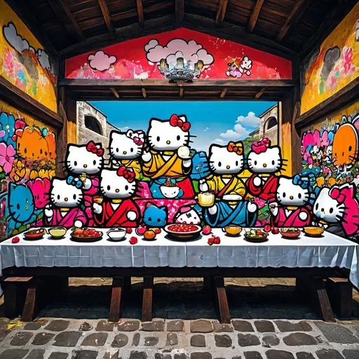 Prompt: graffiti Japanese pop art of hello kitty last supper 