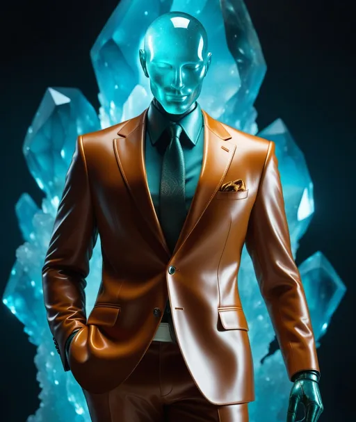 Prompt: hyper-realistic Humanoid Chalcedony Being with a Head made of smooth cryptocrystalline chalcedony with human features wearing a suede suit, full portrait, dynamic composition, surreal realism, backlit, subsurface scattering, portrait 