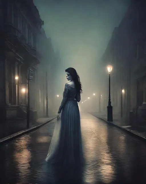 Prompt: The pretty dreamy heartbroken woman with beautiful face, art by Reylia Slaby, Sarah Moon, Cristobal Balenciaga, Monia Merlo, Angus McBean, Elger Esser. Night Foggy Empty street background, rim lighting reflection, 3d, watercolors and ink, beautiful, fantastic view, extremely detailed, intricate, best quality, highest definition
