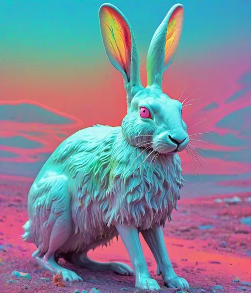 Prompt: abstract opalescent post-apocalyptic arctic hare, anaglyph photonegative refractograph, spiritual expression, ancient wisdom, utopiacore, glitch, shimmer, witchy, bright, hologram, iridescent, raindow, mist