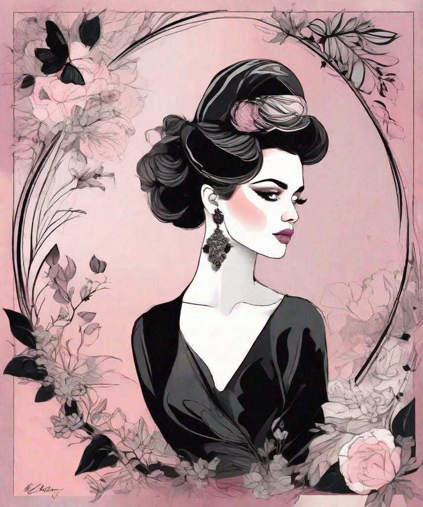 Prompt: Style of Itzchak Tarkay, Faiza Maghni, Henry Justice Ford, Ann Telnaes, a super cool kooky girl, pastel pink updo hair, in a fashion black dress, inking sketch, beautiful, detailed, floral background.