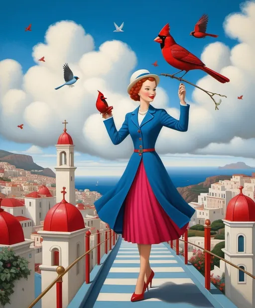 Prompt: Charming cute Curious Carol, charismatic chairgirl of compassionate consciousness city company, chasing clouds, cardinal and Capri blue and cerise classy clothes, art style by Fred Calleri, Dave Coverly, catrin welz-stein, Catherine Holman, Bill Carman