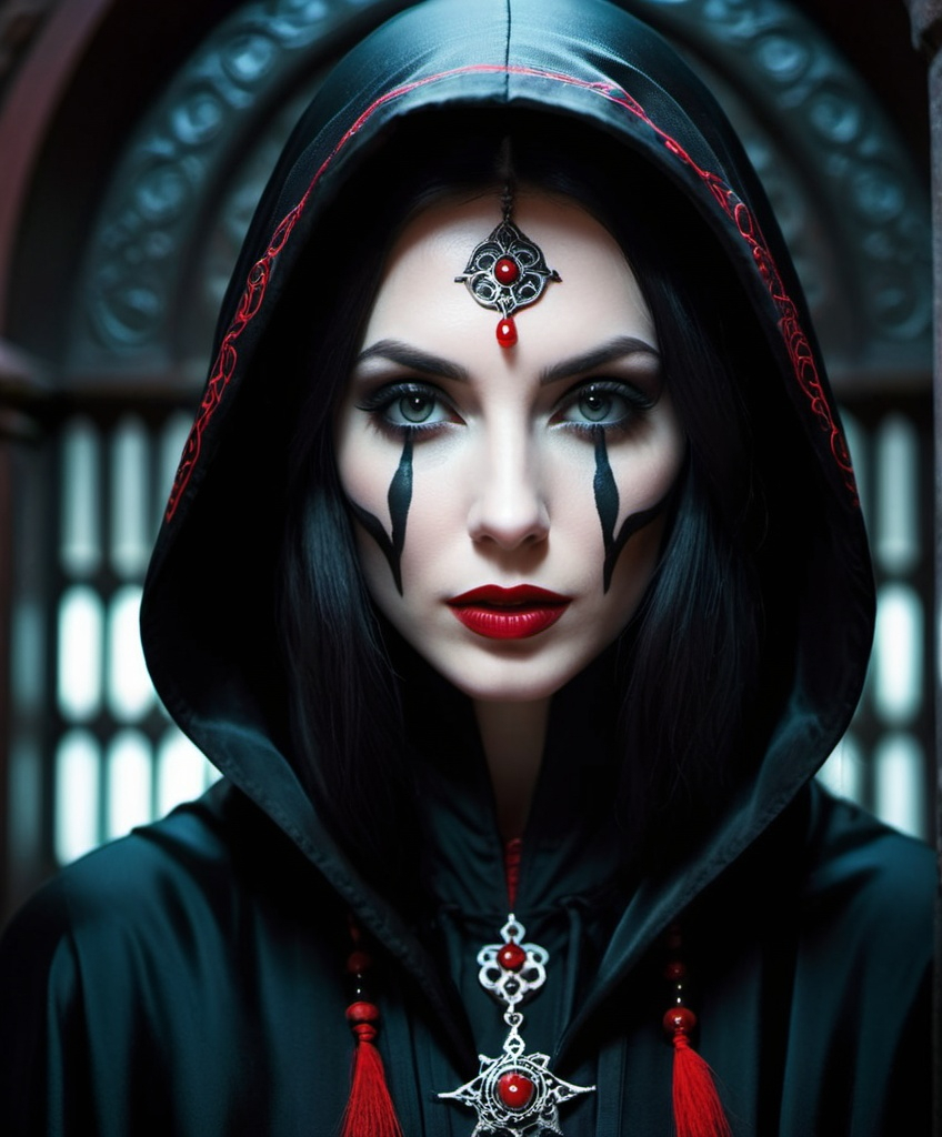 Prompt: remarkably beautiful pale woman in a form fitting silky black hooded robe with intricate black markings underneath her eyes. looks at an exact inverse of herself. byzantine inspired. lovecraftian dark priestess. cult of cthulu. whispy::2 black mist. full red lips. photonegative refractograph 