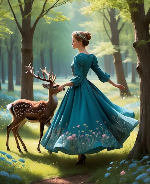 Prompt: "Danielle, a darling damsel, dances in a dappled forest glade, dressed in a delightful dress drenched in shades of deep cerulean and dusty rose. A dainty deer, draped in a coat of dandelion and dark chocolate, delicately grazes beside her, casting shadows that dance in the dappling daylight."