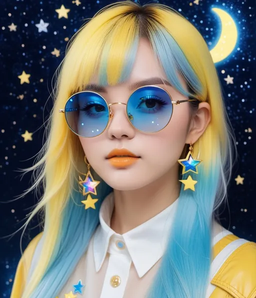 Prompt: glass alembic sunglasses with star and moon in the glass, in the style of dark sky-blue and light yellow, minimalist pen lines, fairy kei, use of precious materials, vibrant and lively hues, captivating, glitter 