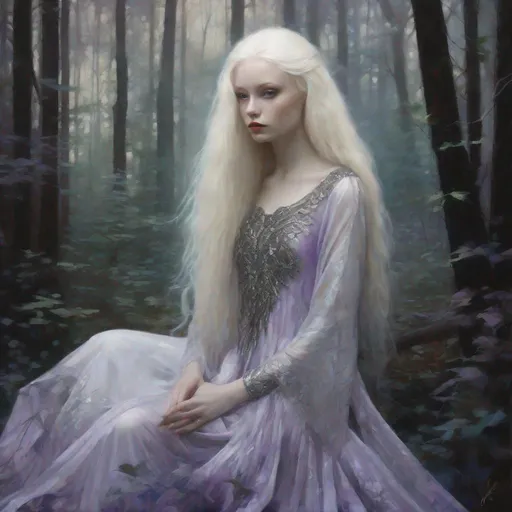 Prompt: A very beautiful albino girl, Violet eyes, long hair, black and silver ethereal clothes, in a magical Forest art by  William Oxer, Nickolas Muray, Aliza Razell, Charles Robinson, esao Andrews. 3d, extremely detailed, intricate, high definition, crisp quality 