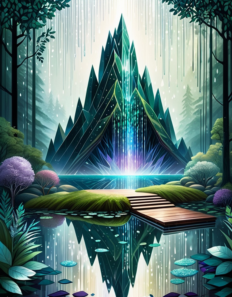 Prompt:  At the heart of a mystical forest, a ziggurat made of shimmering geode crystals, beside a reflective pond. Silver rain falls around it, casting prismatic reflections and light beams through the foliage