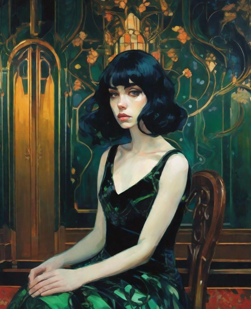 Prompt: Mead Schaeffer and Agnes Cecile style, a lonely girl sitting on an eerie art nouveau decorated room, in an beautiful black velvet dress. She has piercing green eyes, beautiful black hair, night, 4k, high quality, thick black eyelashes, a complex stunning portrait of a girl with high detail