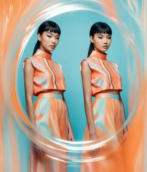 Prompt: Ghostly twin reflections, energetic fashion photoshoot and abstract digital montage by mi-zo, color by Amy Tangerine, rattan style by Antoni Gaudì, Salvador Terán, Alice and Olivia 