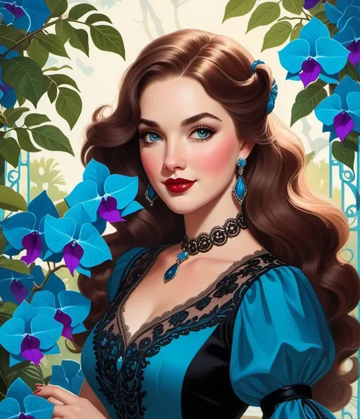 Prompt: Beautiful brave Beatrice, beloved brunette bachelorette, a bygone era, Bonafide, bewitching blue black bougainvillea bonanza, bestiary, Kate Baylay, Amanda Blake, Florence Broadhurst, Brom, Bernie Fuchs, tom bagshaw 