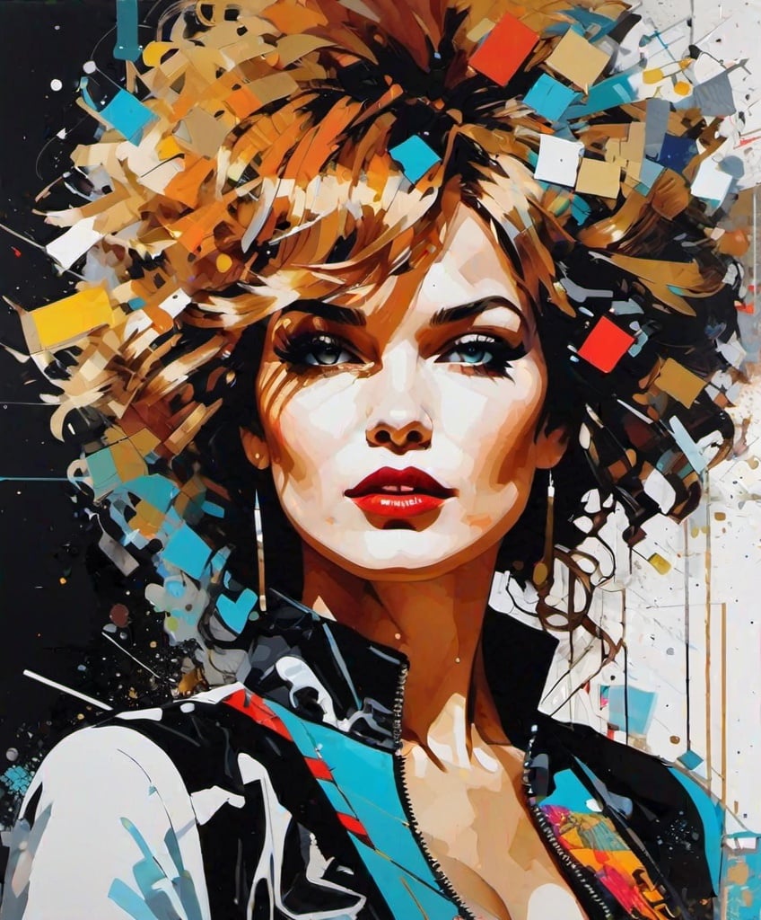 Prompt: portrait art by Derek Gores, Larry Carlson, Damien Hirst. Woman with wild hair. Dynamic pose. Emotional. Unusual angle. in Art deco clothing. 