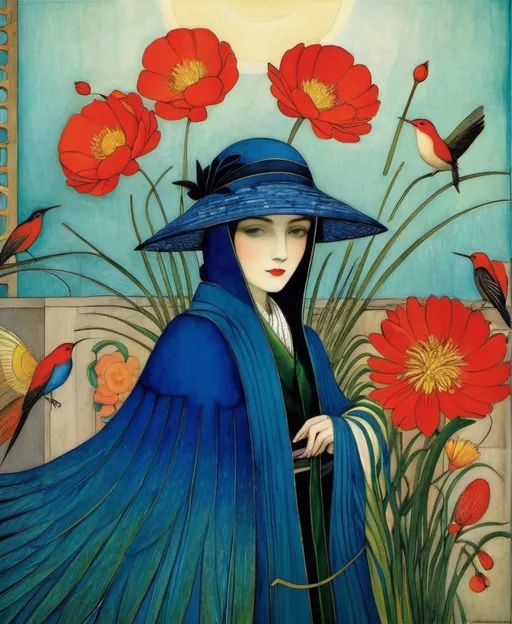 Prompt: 🦹🏻‍♀️💙💓🔥5π*3=9x-y, ((Christian Schloe, Cy Twombly, Gerda Wegener, Margaret Macdonald Mackintosh, El Anatsui, Philip Taaffe, Jan Toorop, Koloman Moser)) ,