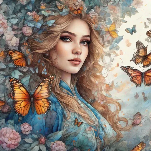 Prompt: A pretty girl catching butterflies in style of Yulia Brodskaya, Highly detailed, intricate, beautiful, high definition, fantastic view. 3d, Watercolors and Ink, intricate details, volumetric lighting