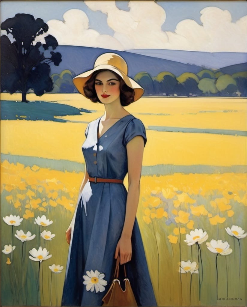 Prompt: Art by Kees van Dongen, Richard Diebenkorn; Danielle, a demure damsel in a dreamy daisy field, donning a dress dipped in shades of delicate daffodil and dusty lavender. Beside her, a dappled deer, adorned in dusky hues of deep denim and dark chocolate, delicately grazes, casting dappled shadows as the day drifts into dusk.