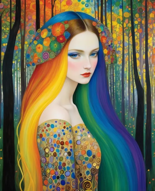 Prompt: The beautiful young lady, She comes in colors everywhere She combs her hair She's like a rainbow Coming, colors in the air Oh, everywhere She comes in colors, Gustav Klimt, Carboniferous Forest