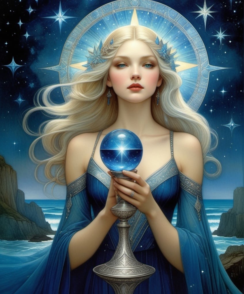 Prompt: style by Michael Shapcott, Jane Small, Susan Seddon Boulet, Julian Schnabel, Christian Schloe, Sophie Delaporte, Amanda Sage; Summon Serena, a sapphire-eyed siren, standing serenely beneath a star-strewn sky, surrounded by shimmering sapphire streams, sporting a satin gown, and sipping from a silver chalice
