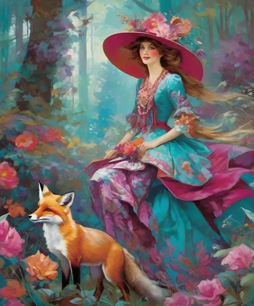 Prompt: Fanciful fearless girl Freya, festooned in florentine, fair aqua and fuchsia, she frolics with a friendly fox in a forest of fauvist flowers, style by Jon Foster, Harrison Fisher, Kathy Fornal, Kaffe Fassett, Frederick Catherwood