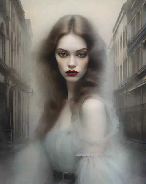 Prompt: The pretty dreamy heartbroken woman with beautiful face, art by Monia Merlo, Valentino garavani, Inna Mosina, Angus McBean, Robert Ryman, Elger Esser. Foggy Empty street background, Cold colors pallet, rim lighting reflection, 3d, watercolors and ink, beautiful, fantastic view, extremely detailed, intricate, best quality, highest definition
